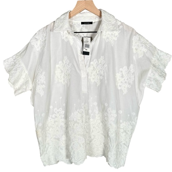 NATORI Embroidered Voile Trapeze Poplin Blouse in white - Picture 1 of 7